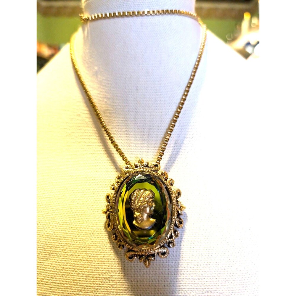Vintage Watermelon Glass Cameo Pendant Necklace with 26” Chain